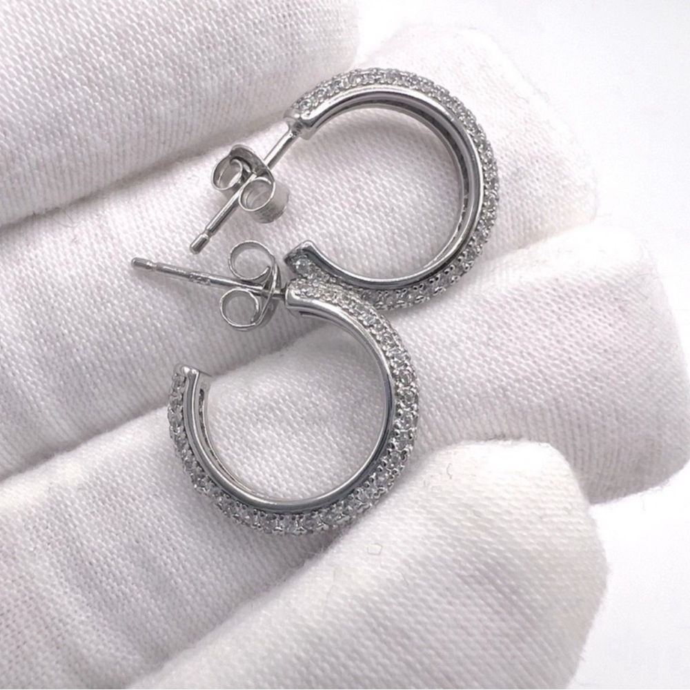 .925 Sterling Silver Pave Cz 16mm Post Hoop Earrings - Picture 7 of 15